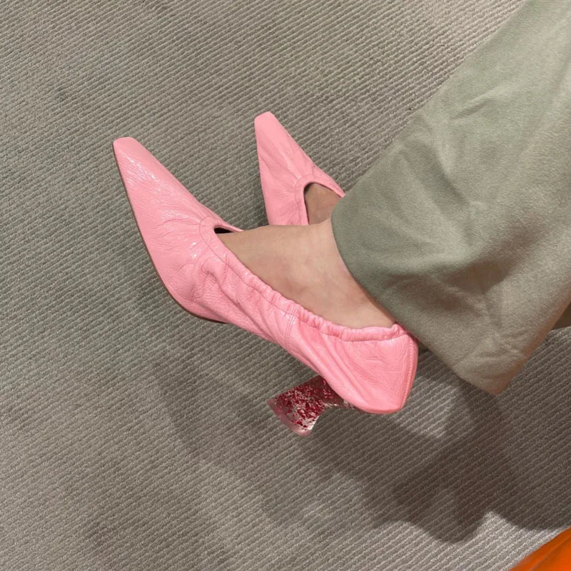 

Pink Pointed Toe Retro High Heel New Sexy Crystal Thick Heel Leather Catwalk Pumps Women Fashion Slip On Runway Dress Shoes