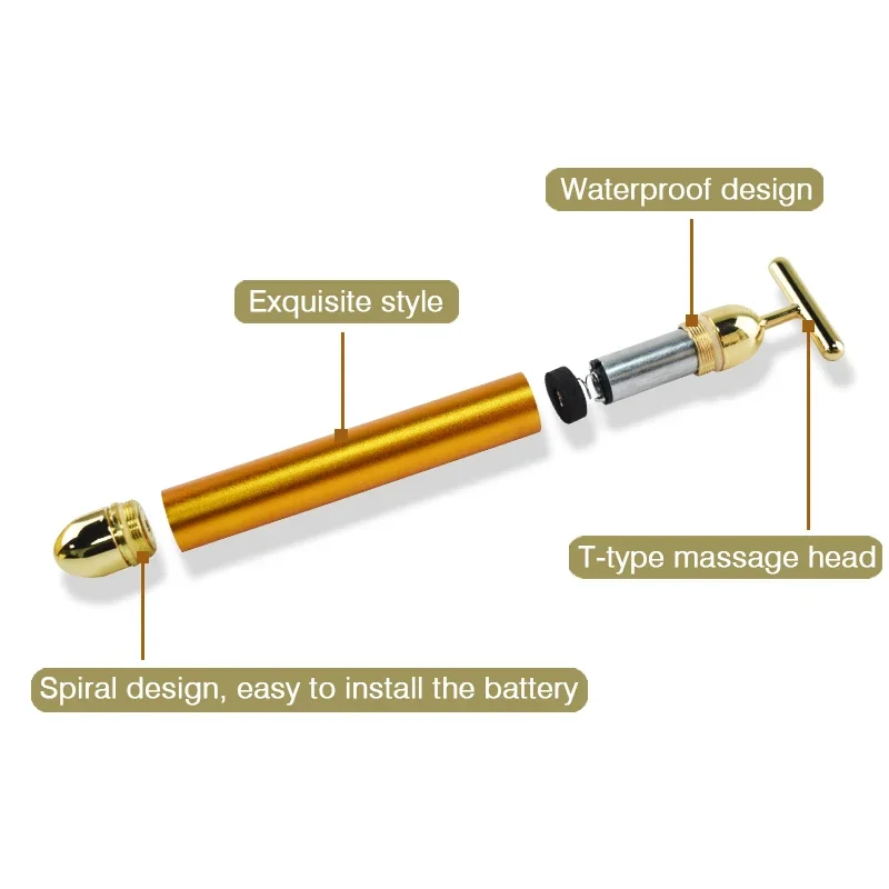 24K Gold T-shaped Facial Roller Vibrating Lifting Pulse Firming Massager Wrinkle Treatment Skin Tightening Energy Beauty Stick