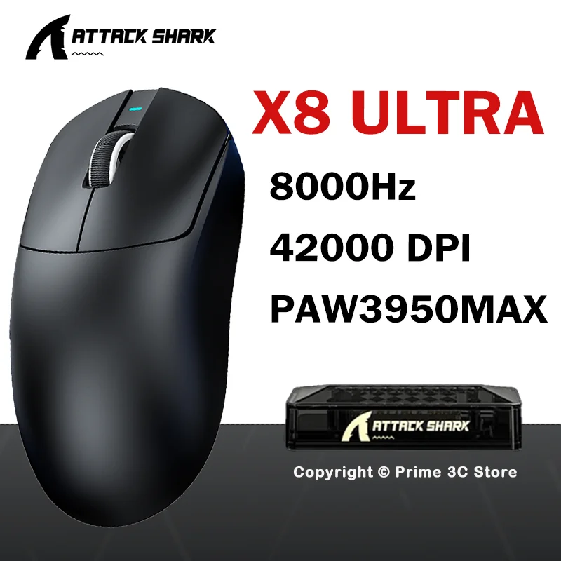 

ATTACK SHARK X8 ULTRA 8000Hz Wireless Gaming Mouse Lightweight 55g, PAW3950MAX 42K DPI, Tri-Mode Bluetooth Wired, Large Battery