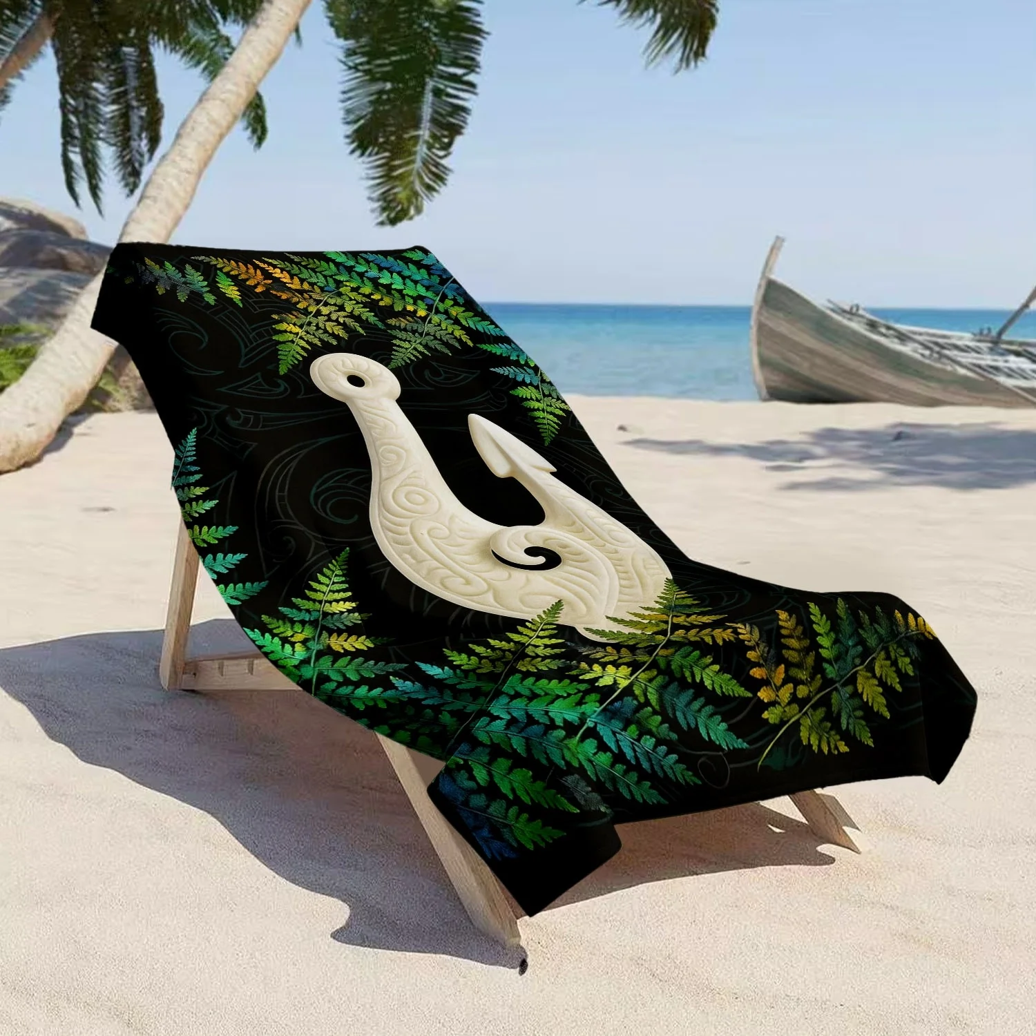 Maori Beach Towel, Soft Microfiber Quick Dry Hei Matau & Fern Print Bath Towel, Large Pool & Travel Beach Blanket 1pcs