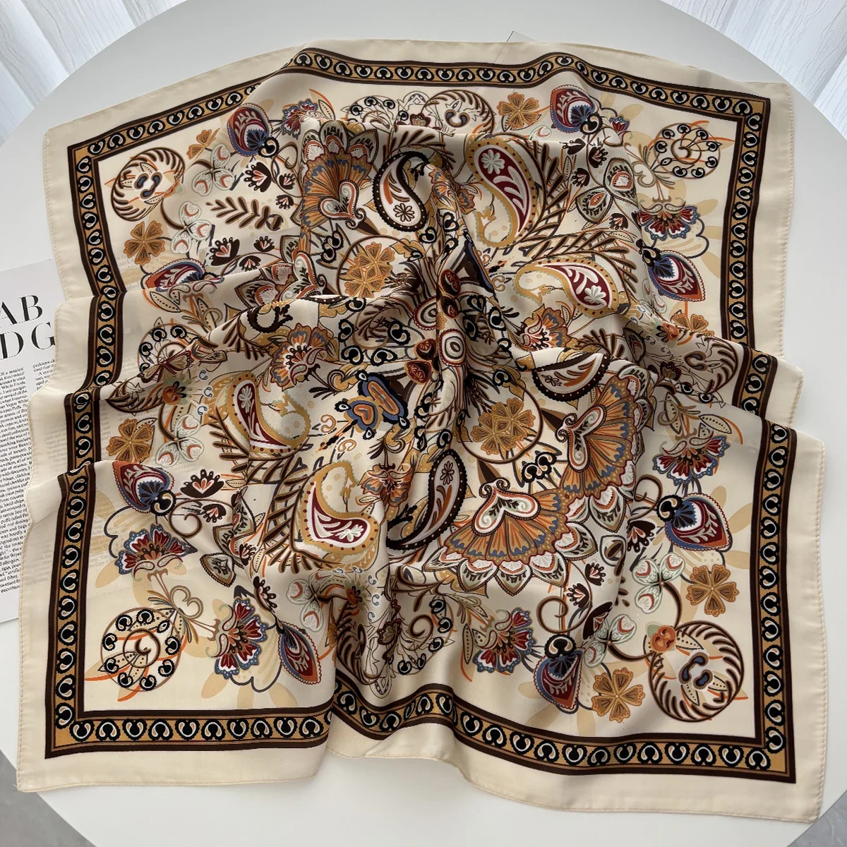 Spring Summer Lotus Print Satin Scarf Square Neckerchief for Women Head Wrap Fashion Decorative Accessory Bandana image 2