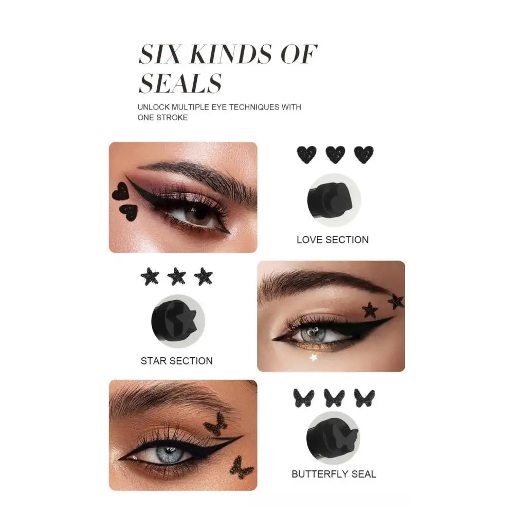 Juego de delineador de ojos líquido resistente al agua, sello de estrella de corazón negro, Kit de maquillaje de ojos de secado rápido a prueba de manchas de larga duración, 6 uds.