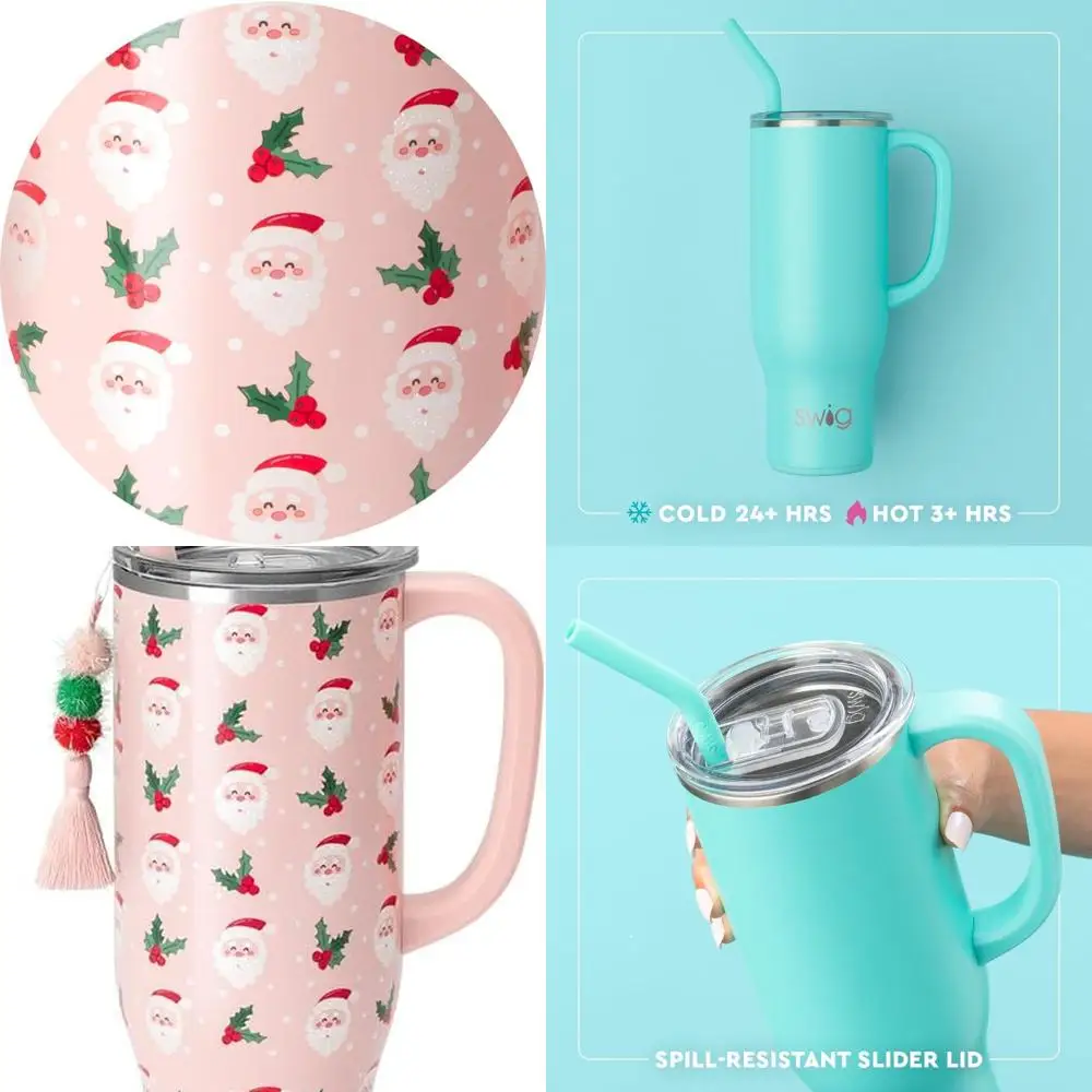 

Изолированная дорожная кружка на 30 унций с ручкой и соломинкой, нержавеющая сталь, многоразовая бутылка Holly Jolly