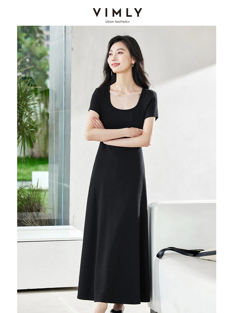 

VIMLY Women's French Style Square Neck Short Sleeve Dress Summer New Simple Waisted Slim Black Elegant Evening Party Dress