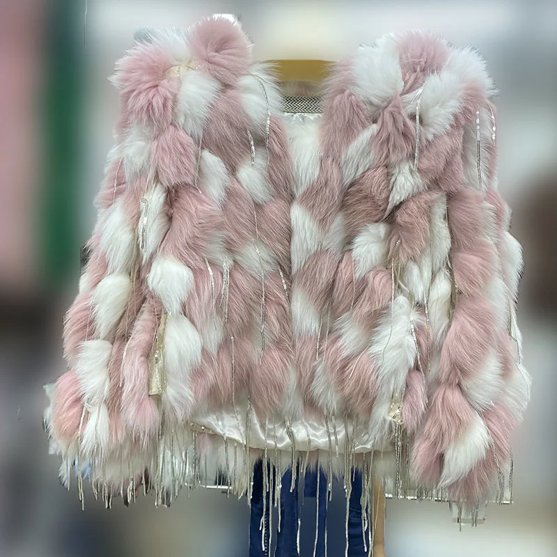 Winter Striped Sewed Genuine Mink Fur Beaded Tassels Jacket Fox Fur Sequined Tassels Fluffy Coat Flocking Cardigan Hairy Tops