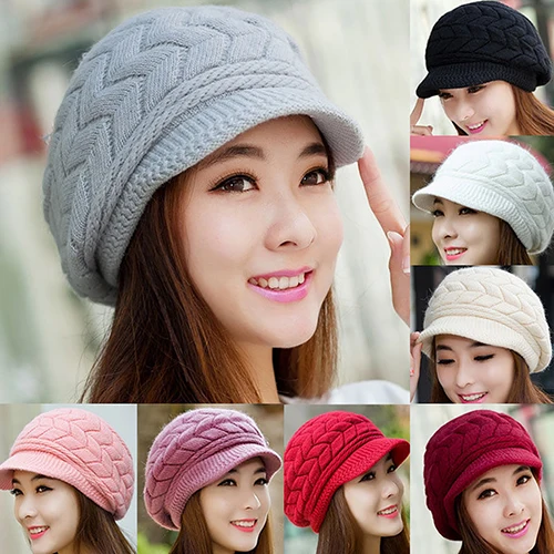 Women's Winter Solid Color Warm Knit Loose Beret Casual Ski Hat Korean Version Peaked Beret Plus Velvet Thick Knit Ear Guards