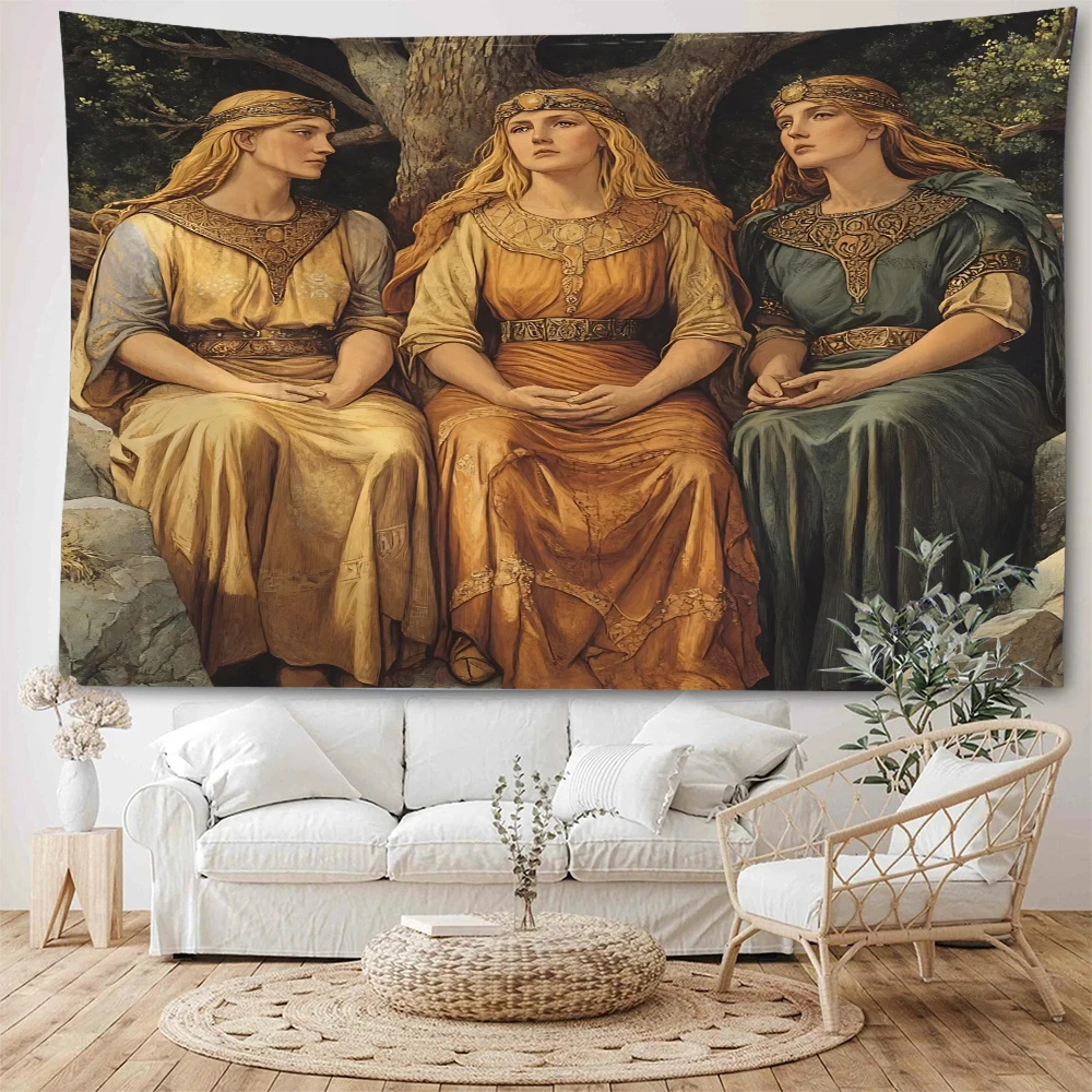 

Three lucky goddesses, European noblewomen, medieval women's lives, oil paintings, backgrounds, decorative tapestries