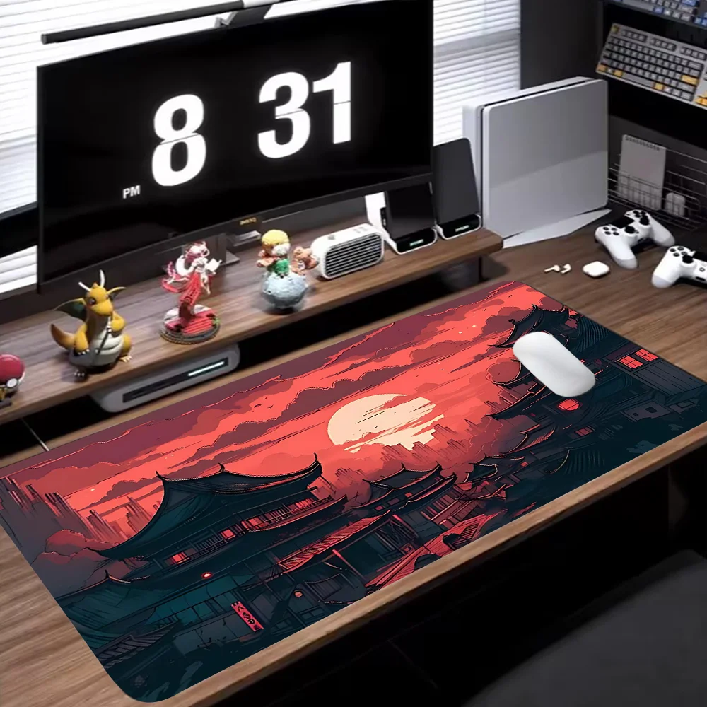 Tapete de mesa com padrão de pôr do sol, design artístico, grande, mouse pad para jogos, acessórios de escritório com base de borracha antiderrapante, borda costurada