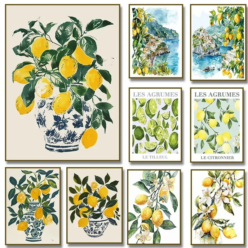 Italian Positano Capri Amalfi Lemon Tree Coastal Cityscape Poster  Canvas Painting Print Orange Wall Art