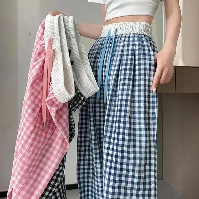 Summer Patchwork Plaid Pants Women Summer Loose Drawstring Drapey Wide Leg Pants High Waist All Match Floor-Length Trousers