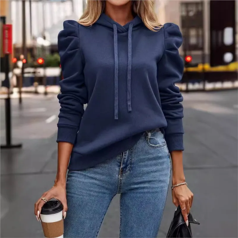 Ladies Elegant Puff Sleeves Hoodie 2024 Autumn/Winter New Fashion Hooded Solid Color Long Sleeved Casual Women\'s Sweatshirt Tops