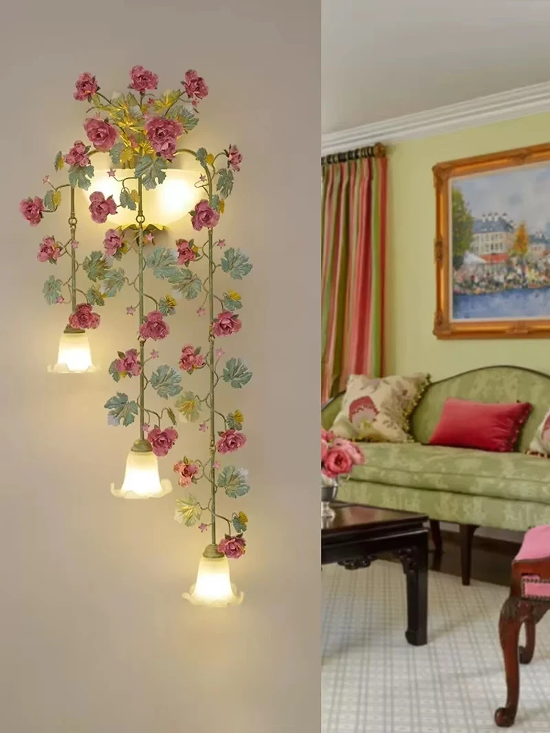 

Rural Style Plant and Grass Wall Light Creative Art Bedroom Sconce Corridor Flower Lighting Staircase Iron Basket Rose Wall Lamp