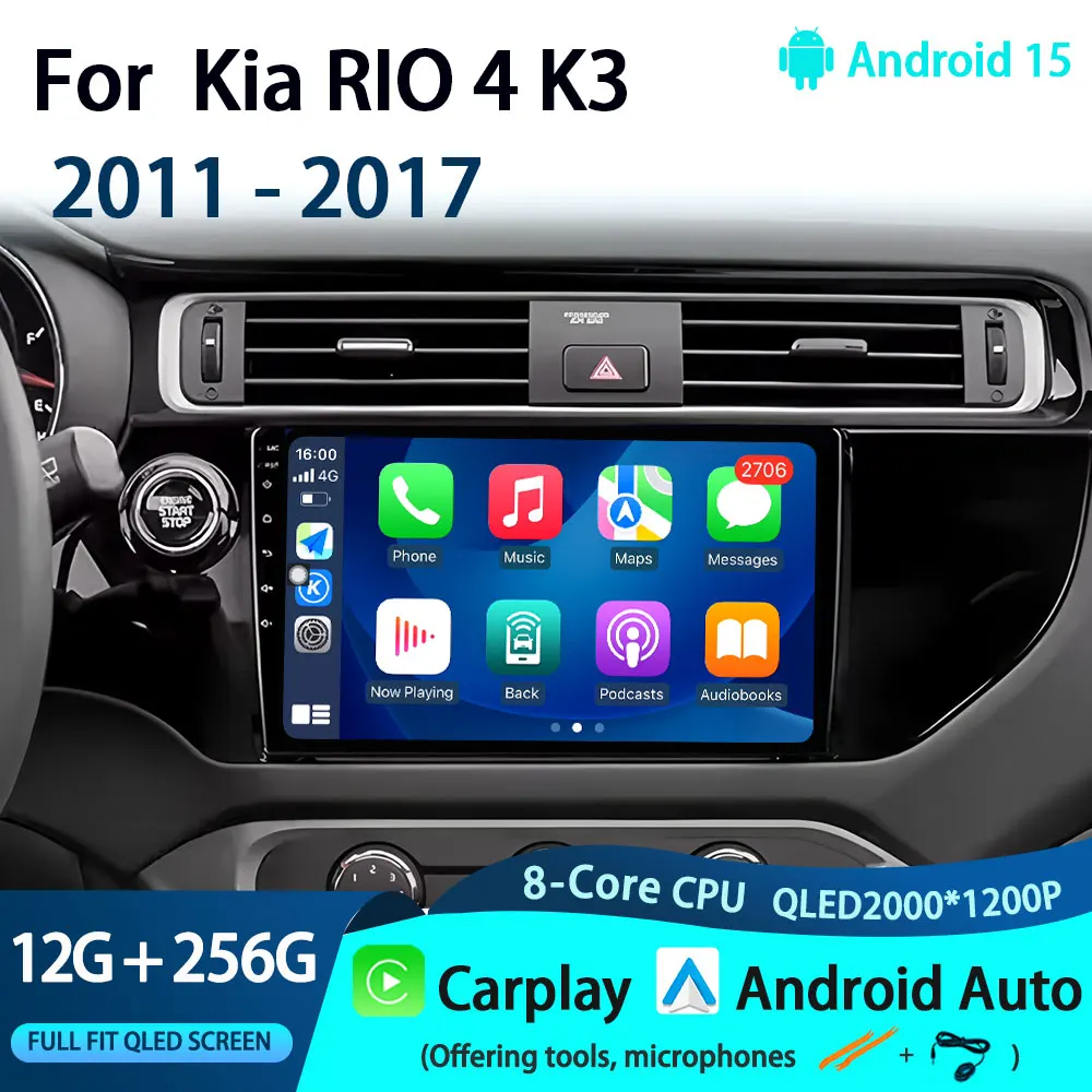For Kia RIO 4 K3 2011 - 2017 CarPlay Auto Android 15 2K QLED Car Radio Multimedia Video Player GPS Stereo Head 4G