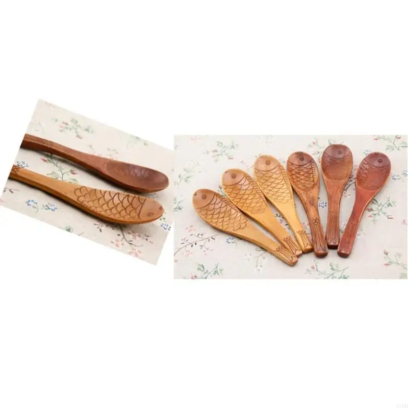 Japanese Fish Shaped Spoon Hand Carved Texture for Soup Rice Paddle Kitchen Utensil Dinnerware Wooden Tableware