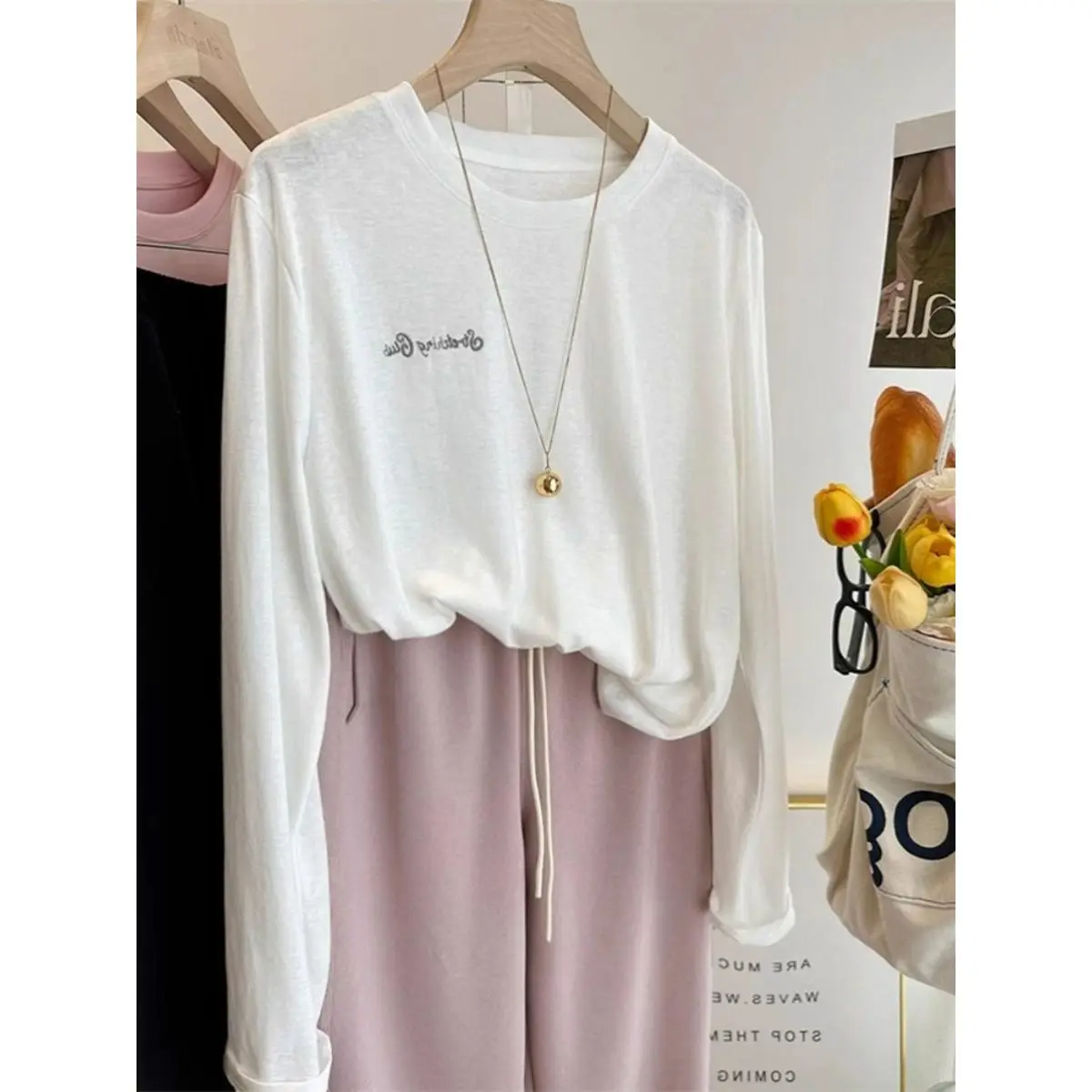 plus Size Women's Long Sleeve T-Shirt Embroidered Letter Casual Leisure Top Silk Snowflake Cotton Spring Autumn Fashion