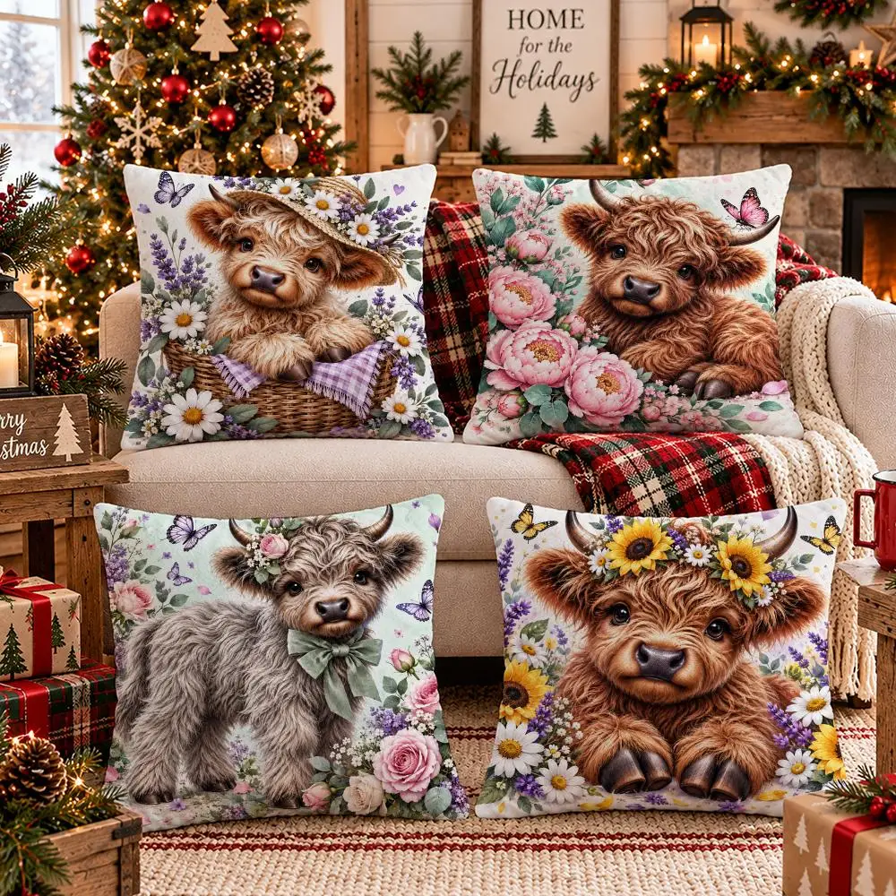 Highland Floral Charm Cushion Cover Soft Short Plush Pillow Cover Smooth Cozy Texture Cushion Case Home Decor