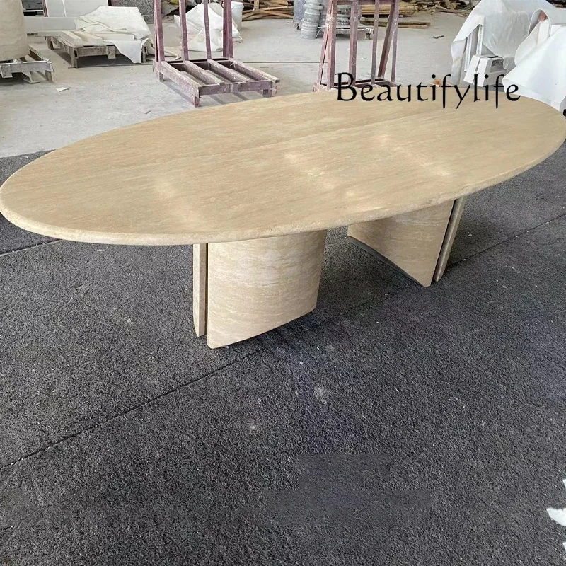 

M Wabi Sansan Minimalist Natural Travertine Marble Dining Table Villa Model Room Western Restaurant Oval Long Dining Table