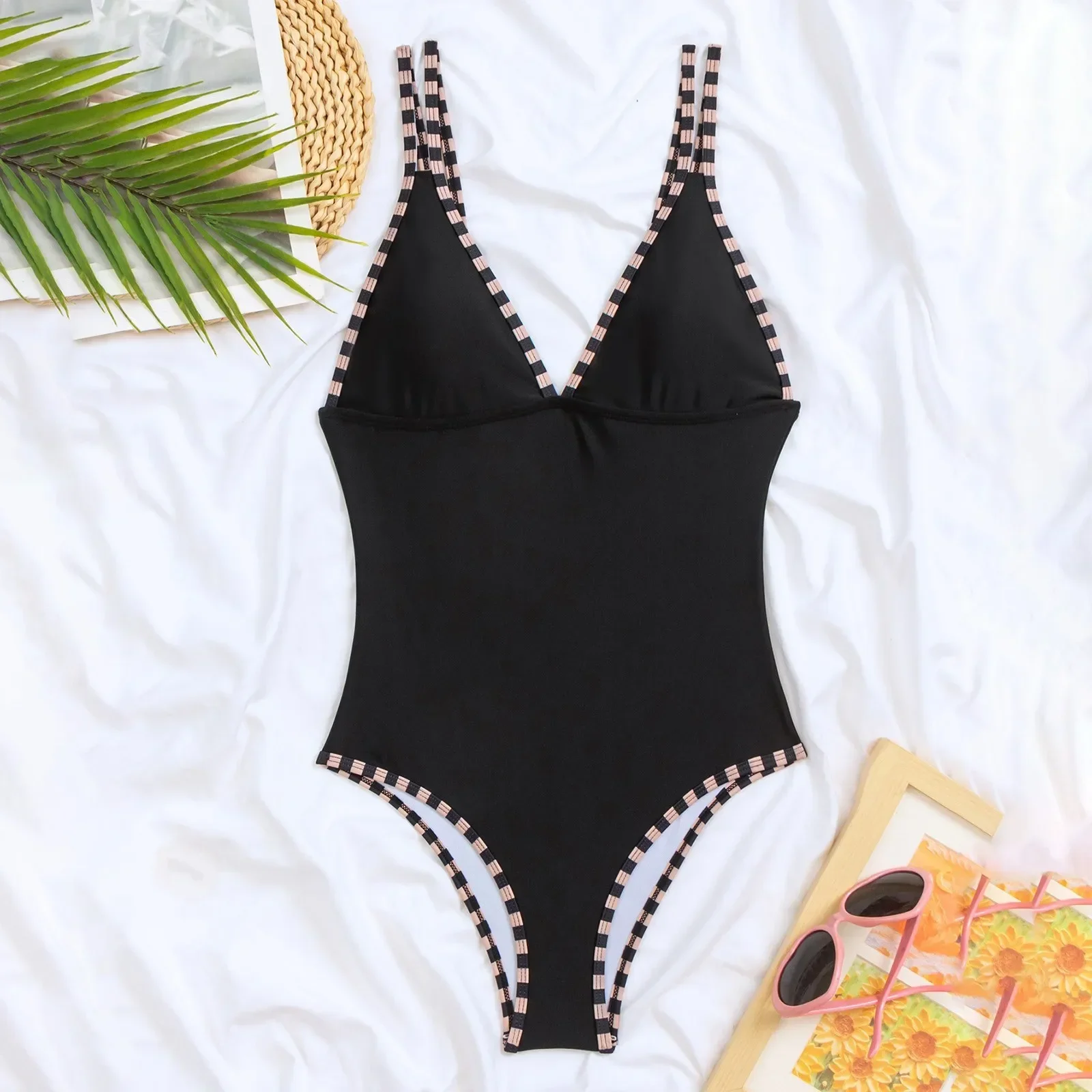 V-neck black swimsuit conservative fashion high elasticity women's one-piece Stripe printed border swimsuit women's Beachwear