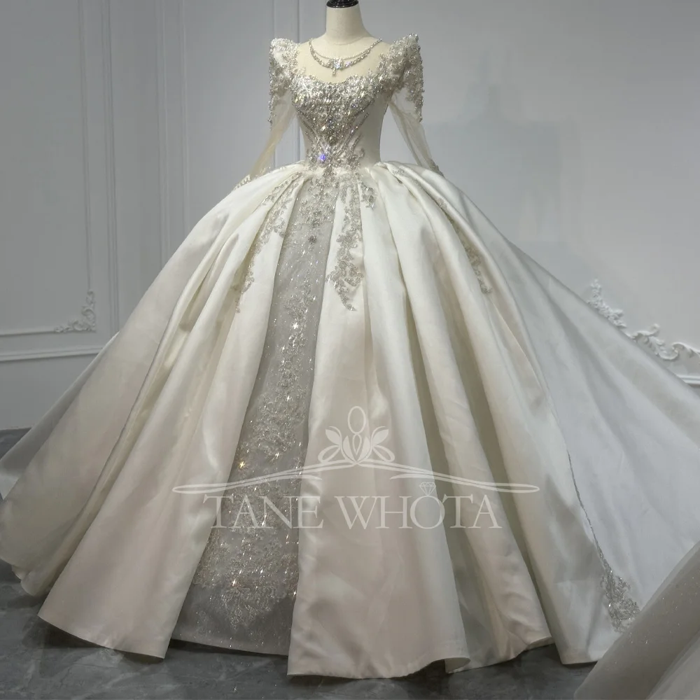 

Свадебное платье с кристаллами, бисером и пайетками, с круглым вырезом, длинными рукавами, съемными оборками, шнуровкой и вырезом-лопаткой на спине, бальное платье для невест