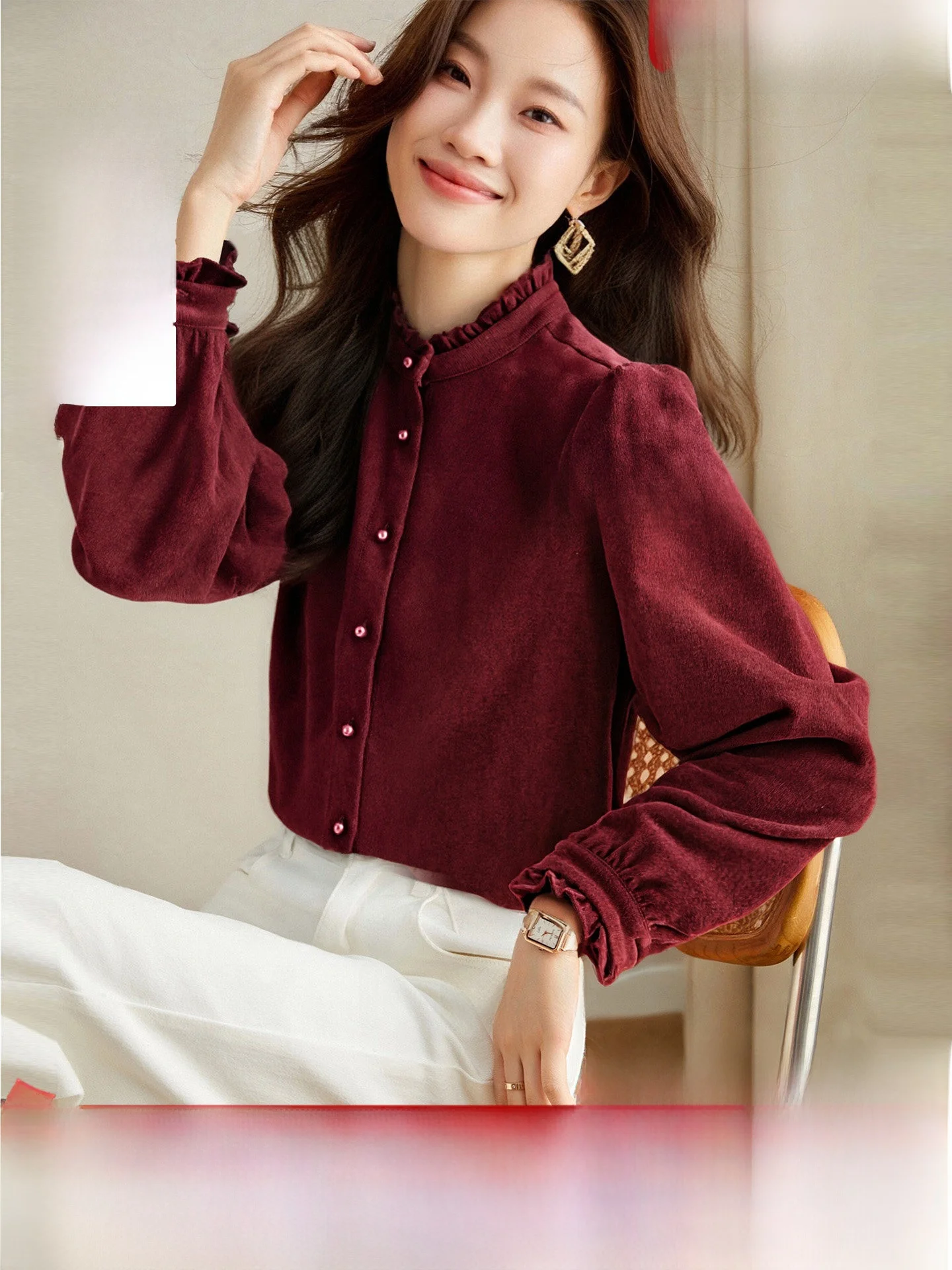 

Retro Stand Collar Long Sve irt Women's Spring New Sle Ele Lace Trim irt Casual Sle Pure Color Polyester Fiber