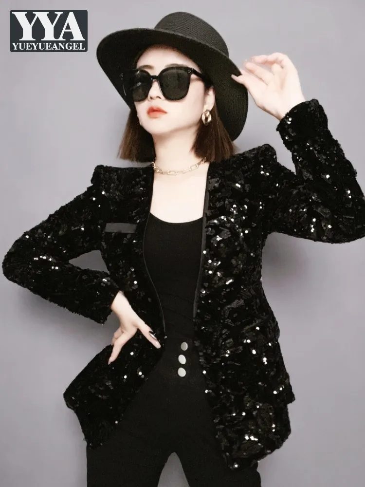 

Fashion Autumn Women Shiny Sequined Velvet Blazer Office Ladies Work V Neck One Button Suit Coat Slim Fit Night Clubwear Blazer