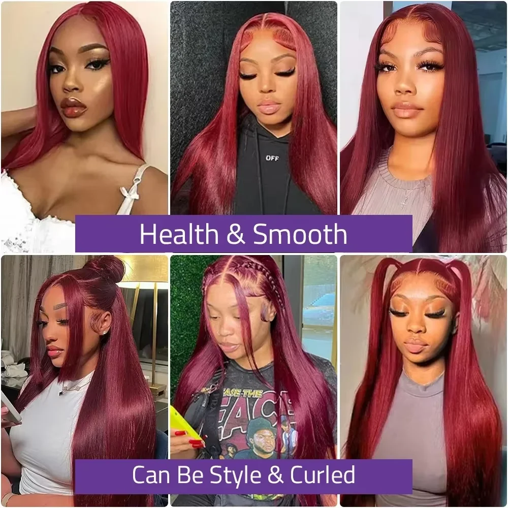 99j Burgundy Lace Front Human Hair Wig 30 36 Inch 13x6 Straight Lace Frontal Wigs HD Transparent Lace Colored Red Wig For Women image 5