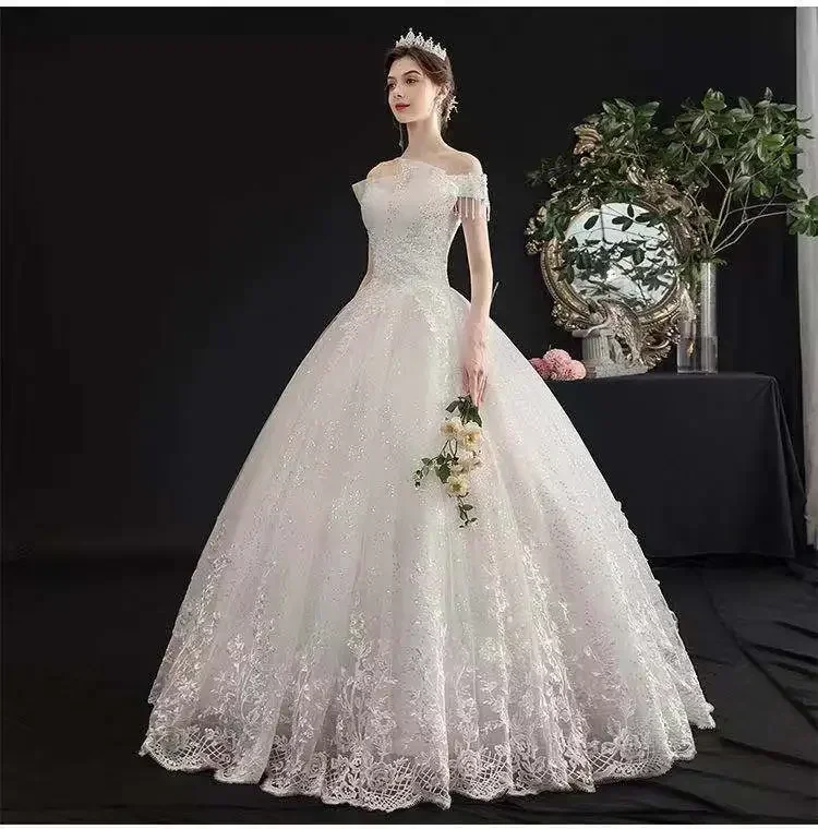 Vestidos de casamento personalizados contas brancas puras bordados fora do ombro princesa até o chão plus size vestido de noiva feminino gb282