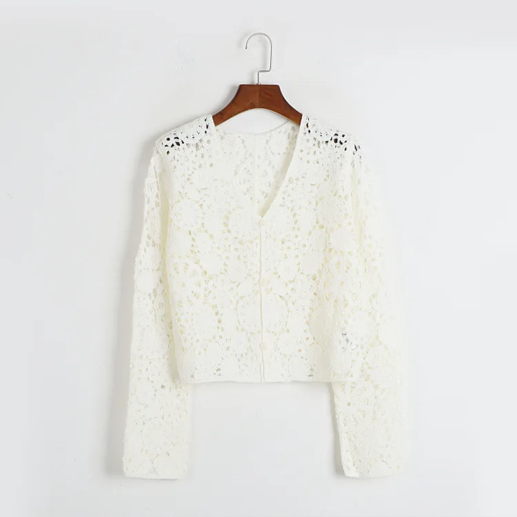 

2024 Autumn Cardgan White V neck Long Sleeve