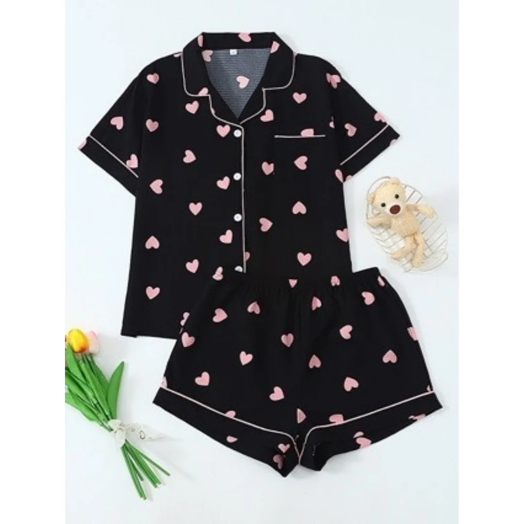 

Summer Women's Pajamas Black with Pink Love Heart Print Lapel Short Sleeve Shorts Pants Home Wear Set Vacation Easter Gifts