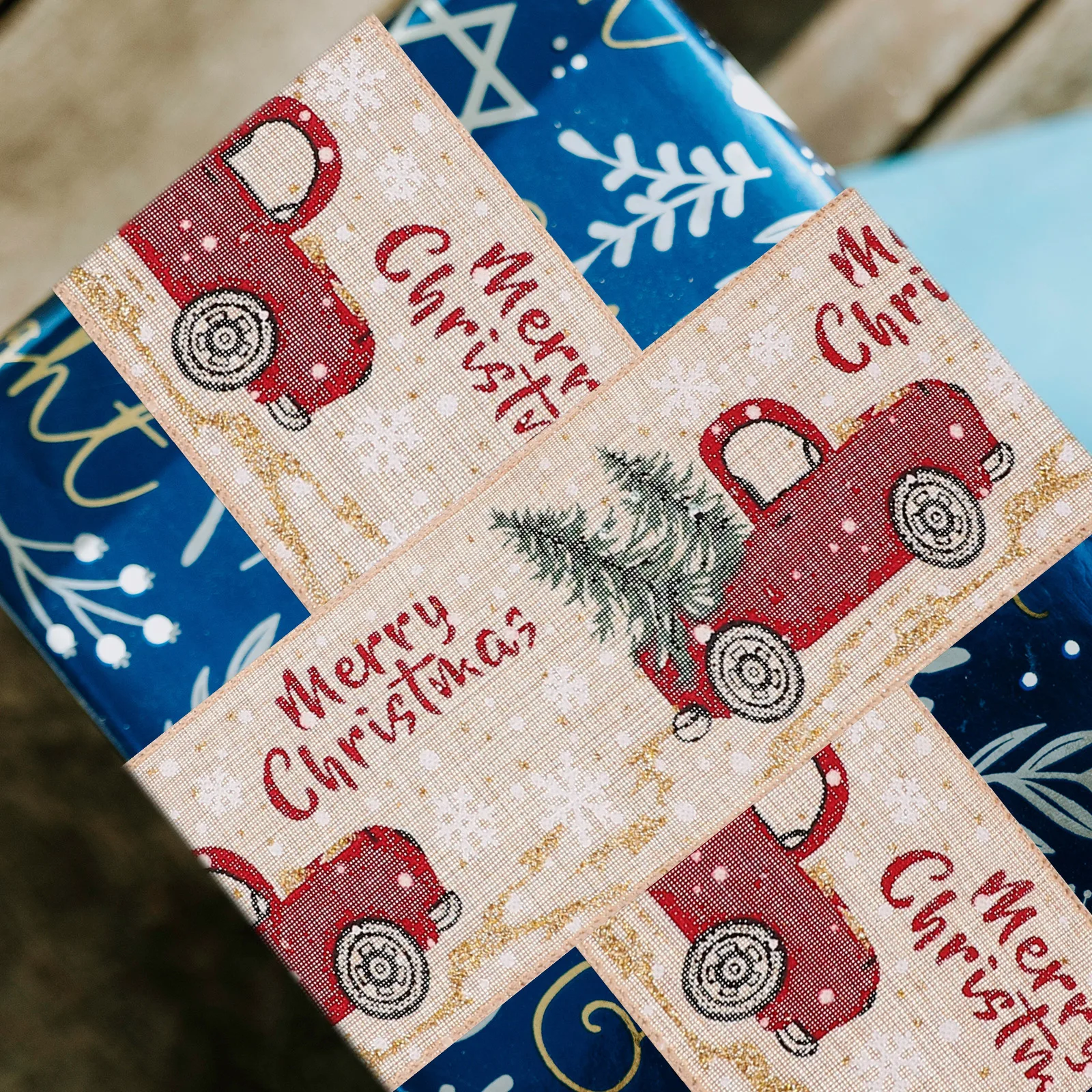 

1 Roll Christmas Themed Wired Ribbon Imitation Linen Fabric For Present Wrapping Holiday Decor Xmas Diy Crafts Gift Packaging