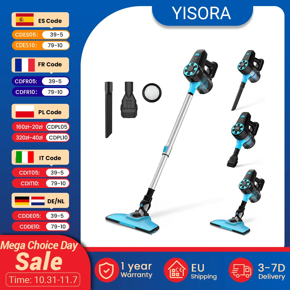 YISORA N3 Cordless Vacuum Cleaner, 17kPa Powerful Suction, 0.7L Dust Cup, 40min Runtime, 2200mAh Capacity, 70dB Noise Level