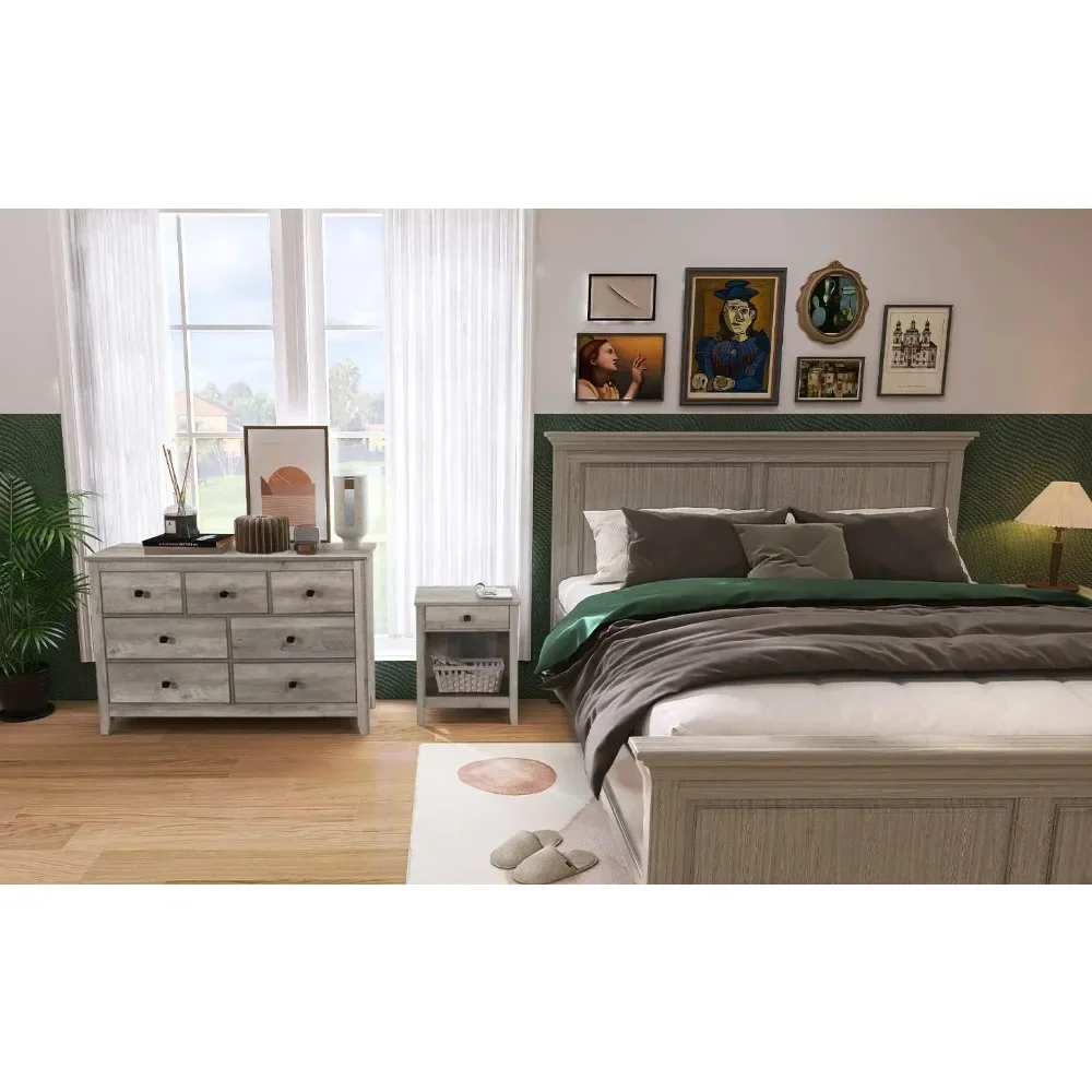 Dresser and Nightstand Set - 3 Pieces Bedroom Set with 7 Drawer Dresser and 1 Drawer Nightstands