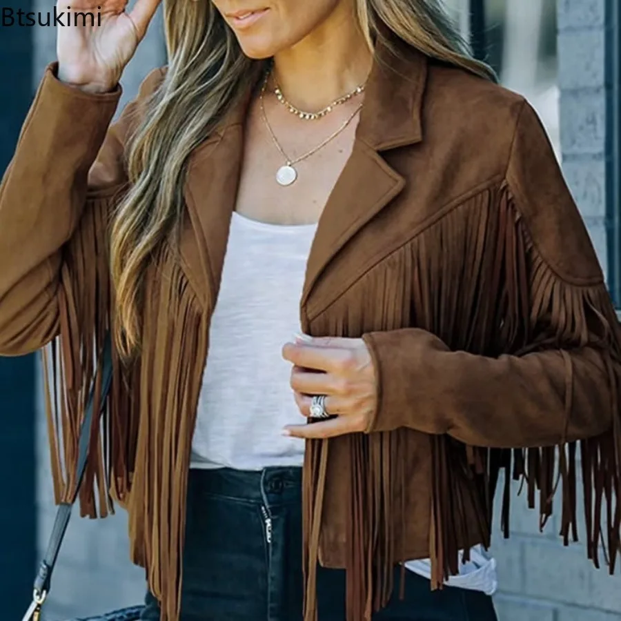 Chaqueta Corta de Mujer Estilo Vintage con Solapa y Flecos, Manga Larga, Estilo Hippie Biker, de Gamuza Sintética, Ropa de Abrigo de Moda para Otoño e Invierno
