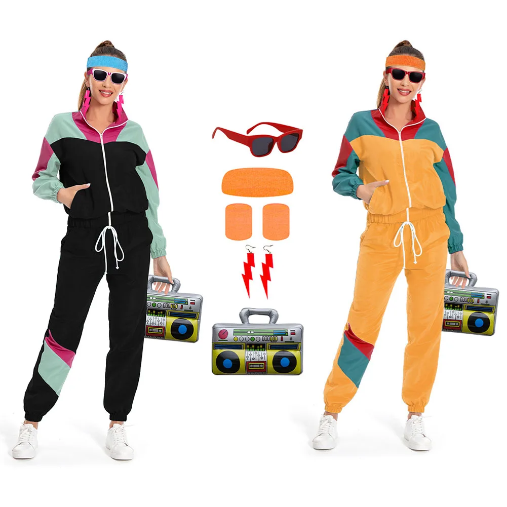 80s Women Yellow and Green Mixed 8 Piece/Set Retro Tracksuit Cosplay Casual Street Costume Outfits Halloween Carnival Suit