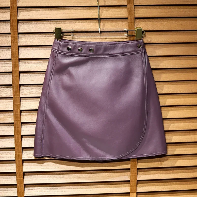 Genuine Sheepskin Leather Skirt for Women High Waist Midi Skirt Korean Fashion Leather Skirts Black Skirt Streetwear Jupe Short