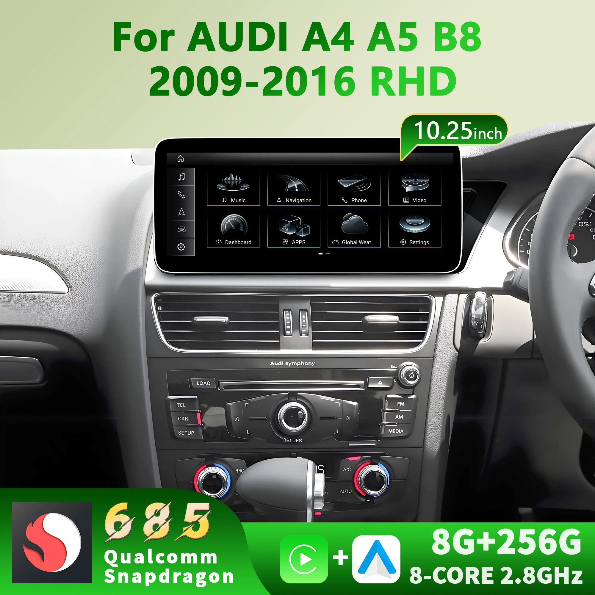 10.25'' Android 14 Right Hand Drive For AUDI A4 A5 B8 2009-2016 GPS Navigation Car Radio Snapdragon 685 Wireless Carplay Screen