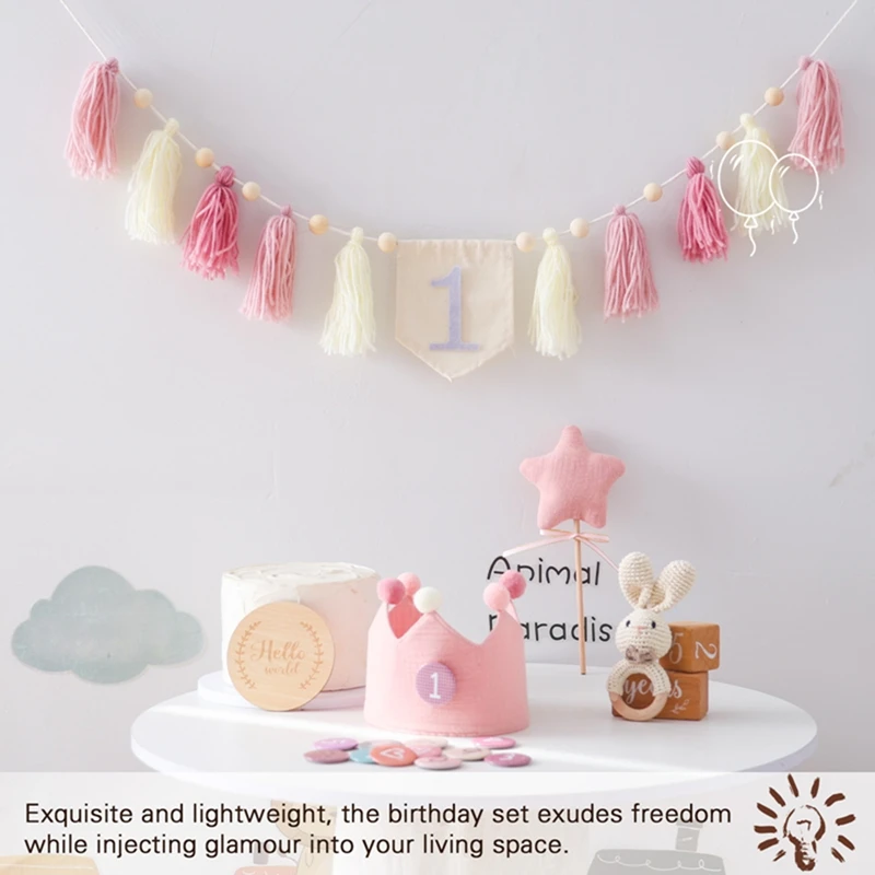 Bannière de Joyeux Anniversaire de 1 à 6 Ans, Chapeau 100% Coton, Baguette Magique, Pendentif à Pompon Fait à la Main, Fourniture de ixpour Bébé, Ornement de Face