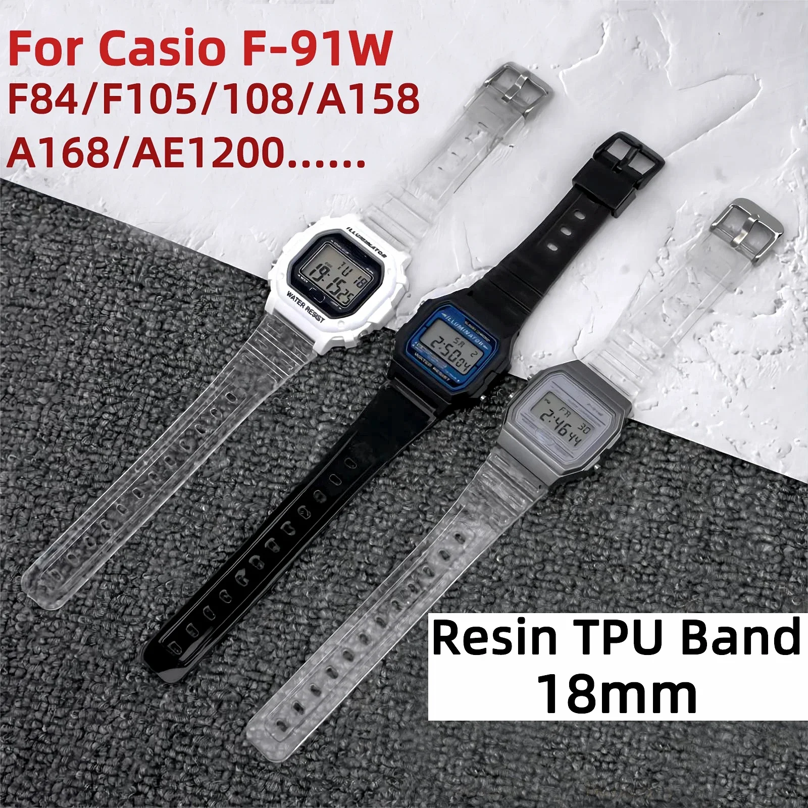 TPU Resin Watch Band Strap for Casio F 91W F84 F105 108 A158 168 for Casio AE 1200 Watchband Bracelet Wristbelt Transparent