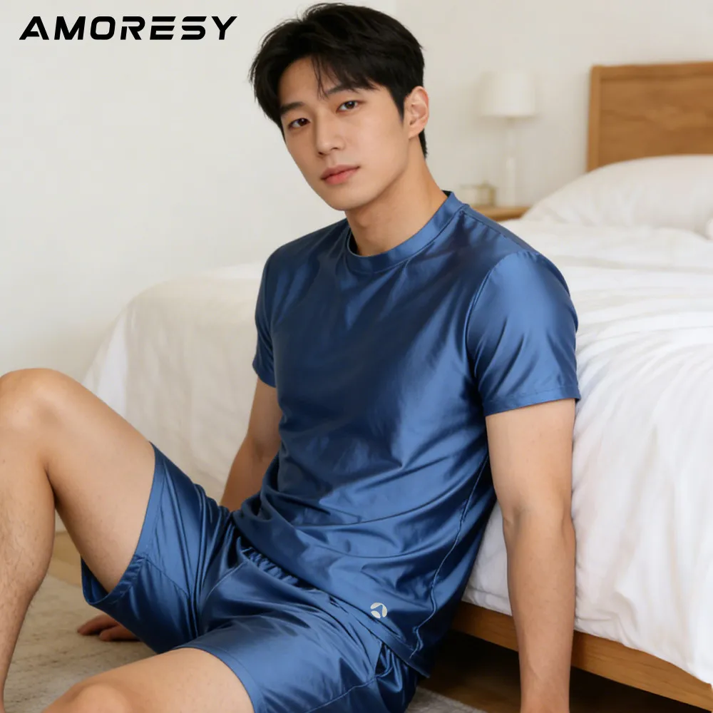 AMORESY satin glossy men suit oil shiny Short sleeve shortsYoga swim sportswear comfortable long pants silky homewear
