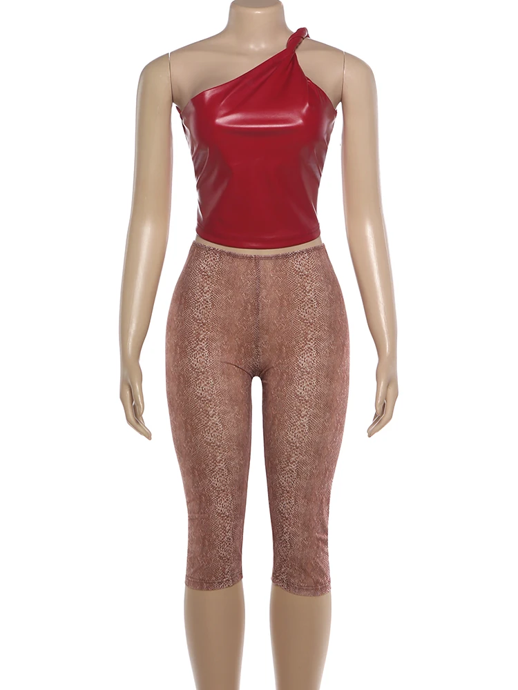 Sisterlinda Summer Hipster 2-Piece Set Women Slanted Shoulder Pu Tank Top+Calf Shorts Matching Stretch Skinny Clubwear Outfits