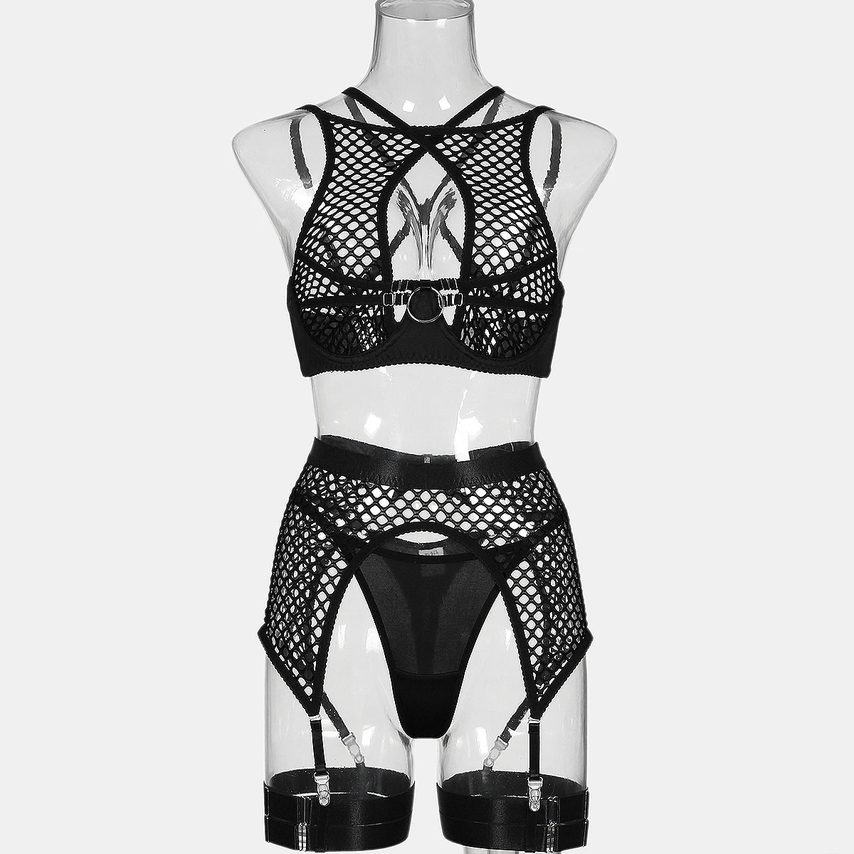 MUZISKAT New Lingerie Sets Fishing Net Splicing Mesh Hanging Neck And Back Erotic Four-piece Set