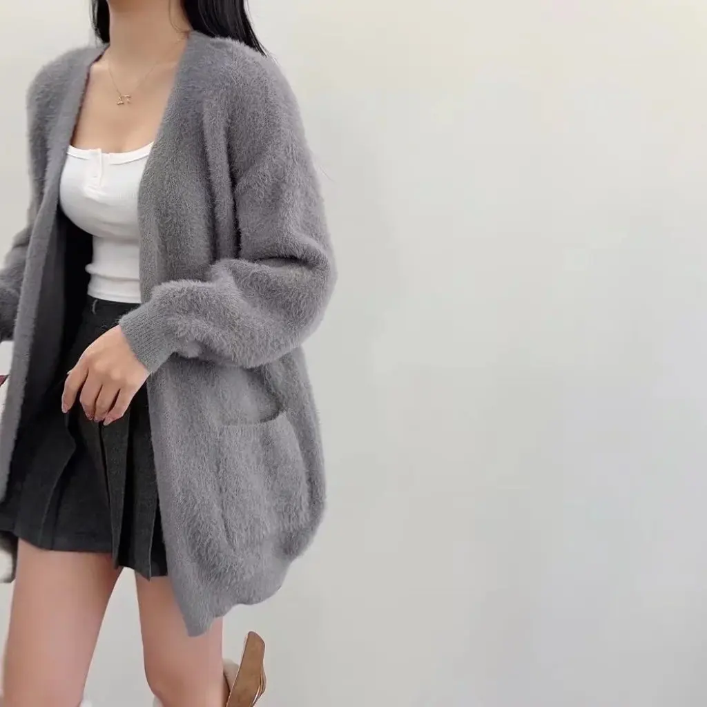 

Korean Style Soft Glutinous Mink Fur Knitted Cardigan Mid-Length Loose Lazy Style INS Blogger Outer Coat in Stock