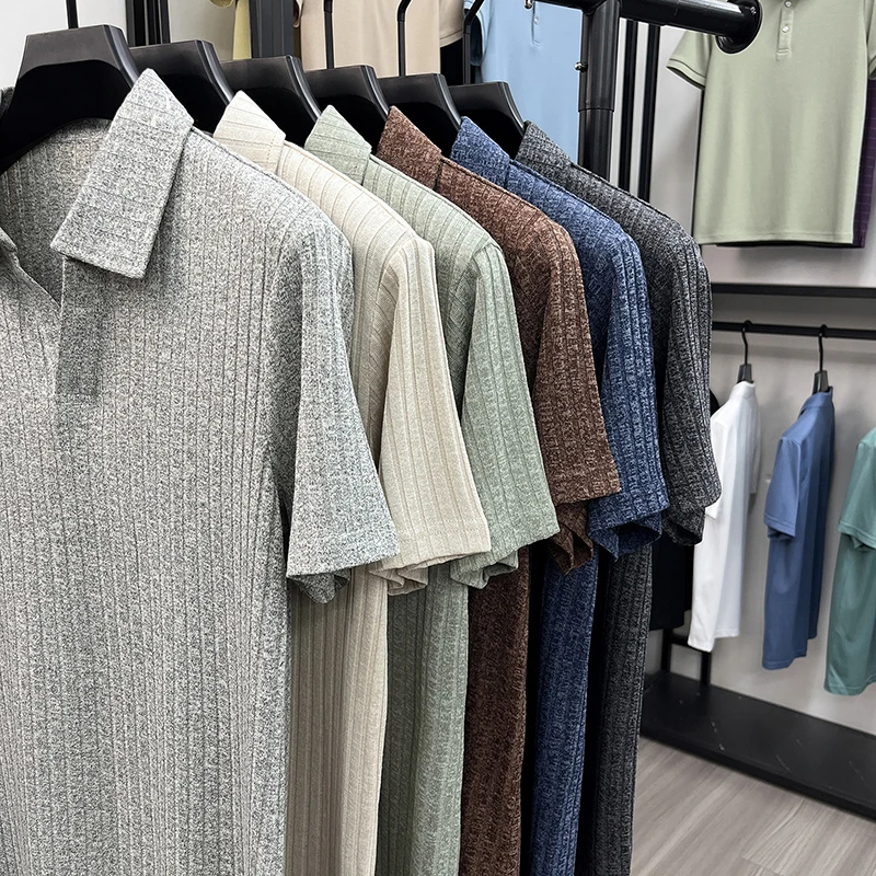 Herren Atmungsaktives Strick-Poloshirt Kurzarm V-Ausschnitt Gestreifter Stoff Bequem Leichtgewichtig Lässig Business Tägliche Kleidung – Detail 28