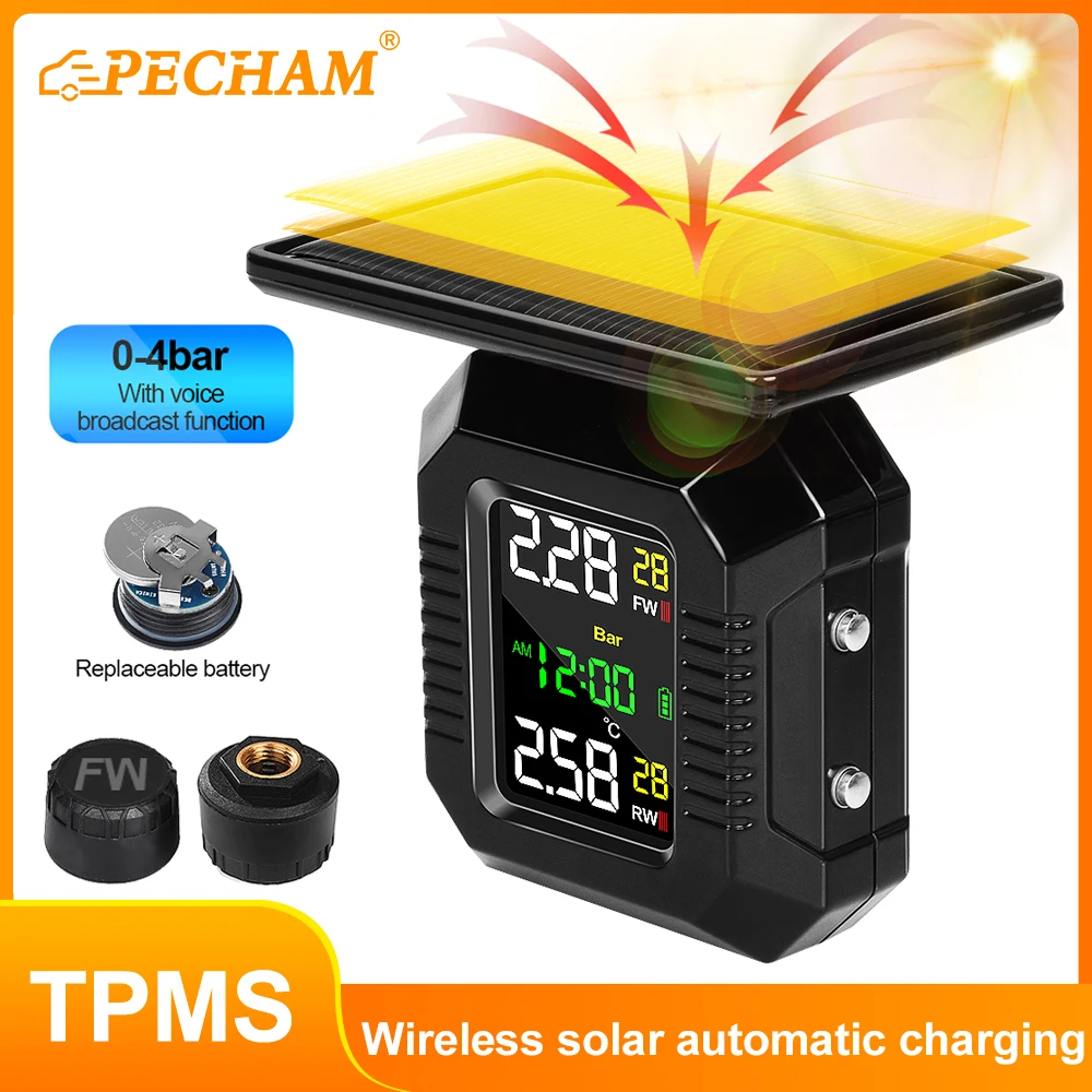 Motorcycle TPMS Solar Power Tire Pressure Monitoring System Wireless Colorful Display Temperature Alarm Sensor Alarm System