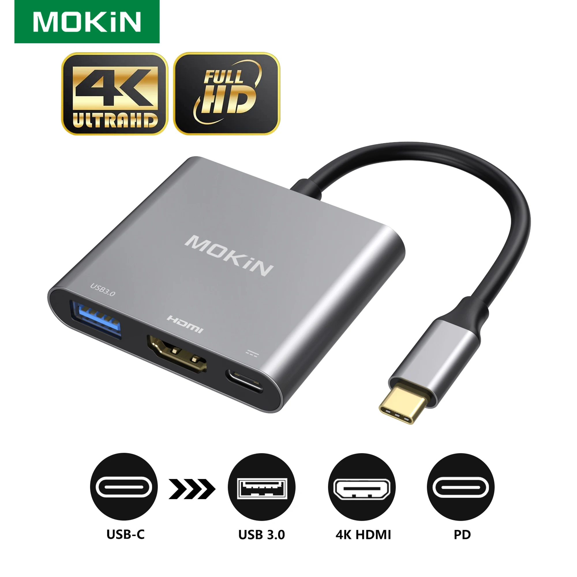 

USB-концентратор MOKiN 3-в-1, HDMI, 4K @ 30 Гц, 60 Вт, USB 3,0, 5 Гбит/с