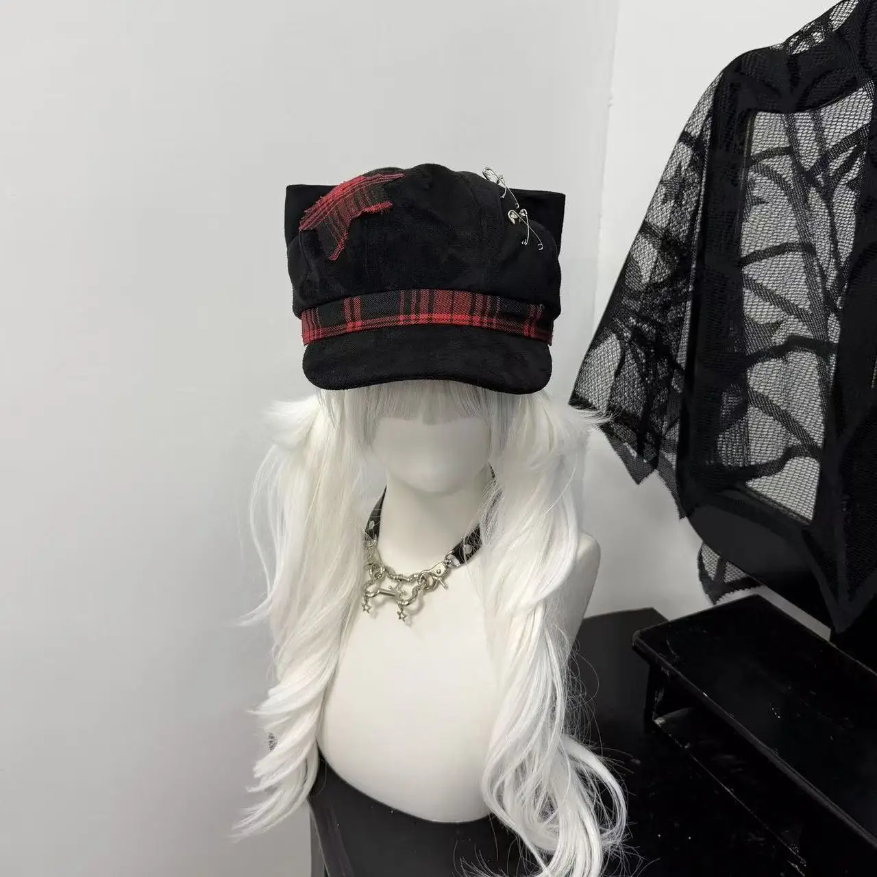 Black Cat Ear Newsboy Cap for Women Black‑Red Plaid Patch Safety Pin  Stripe Ribbon Brim Y2K Punk Alt Harajuku Streetwear  Hat