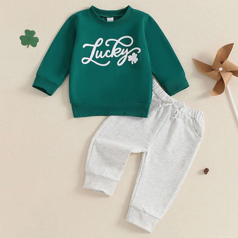 Lioraitiin Toddler Baby Boys St. Patrick's Day Outfits Long Sleeve Shamrock Print Sweatshirt + Pocket Pants Set  Clothes