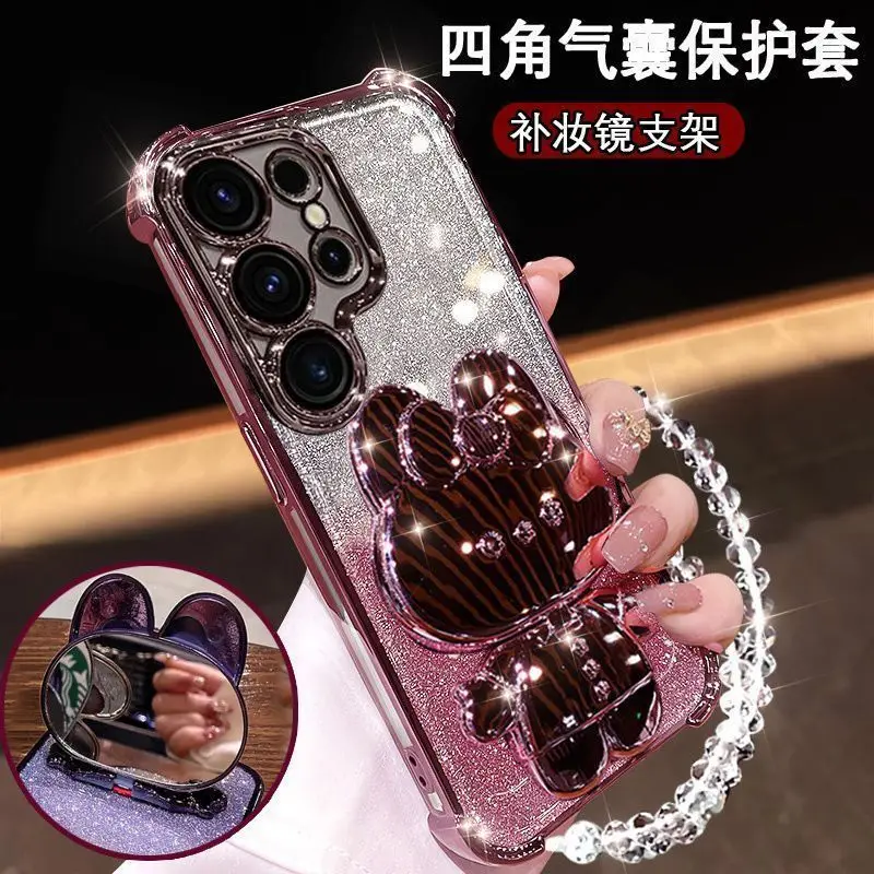 For Samsung Galaxy S26 Edge Case Samsung Galaxy S26Plus Cover Rabbit Makeup Mirror Holder Gradient Glitter Strap Back Cover