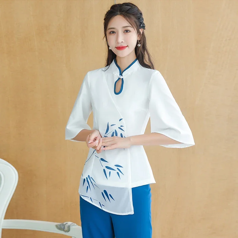 Chinoiserie uniforme donna estetica salone di bellezza Spa Hotel assistente massaggio Manicure estetista Cafe due pezzi abbigliamento da lavoro