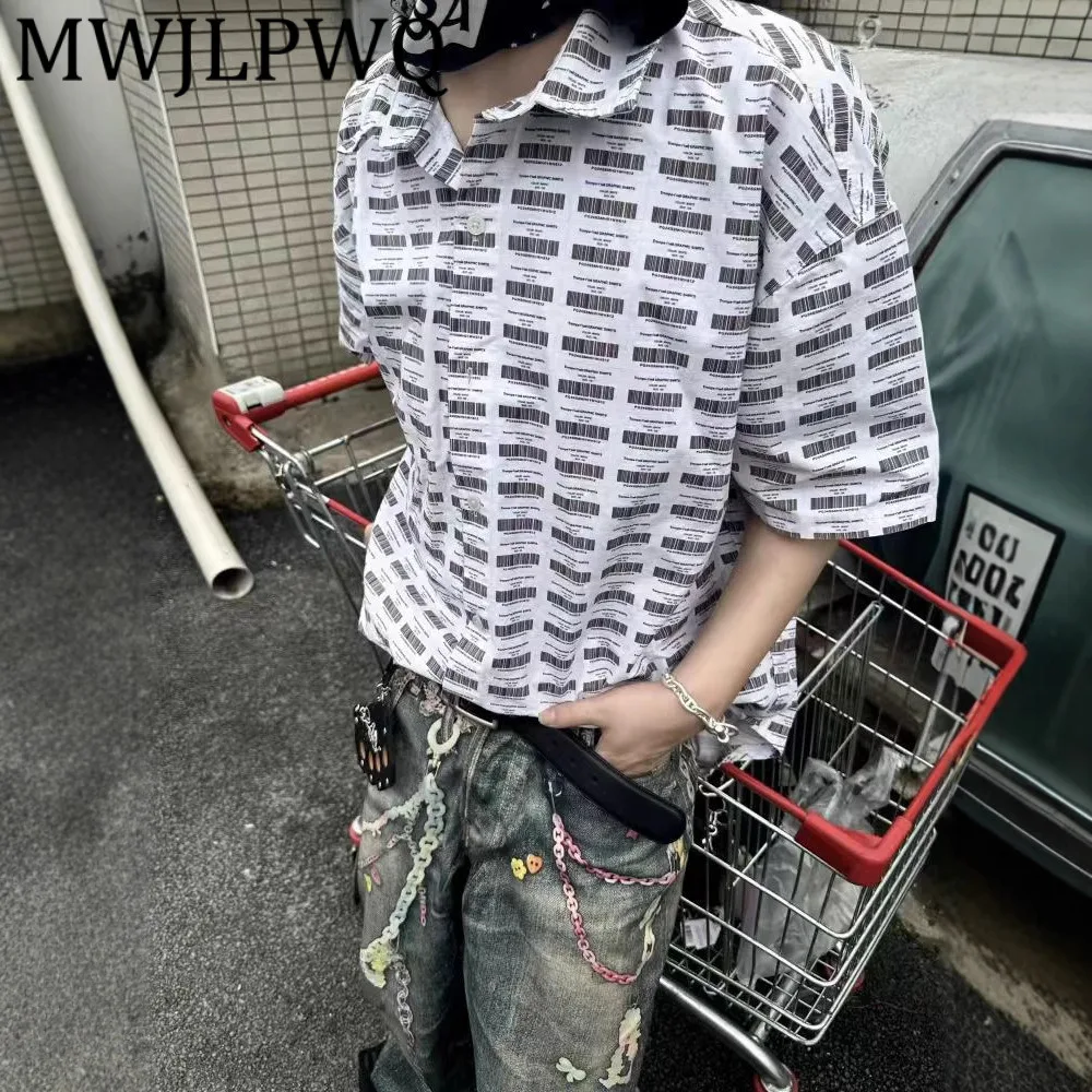 

MWJLPWQ Full Label Printed Oversized Short Sleeve T-shirts Male High Street Lapel Single Breasted Niched Loose Fit Tops 12400